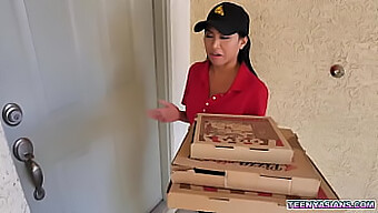 Asian beauty Ember Snow delivers pizza and extra threesome action to horny guys