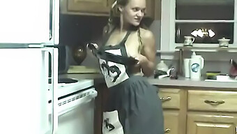 Young Brunette Woman Explores Her Sexuality With Kitchen Tools While Wearing An Apron