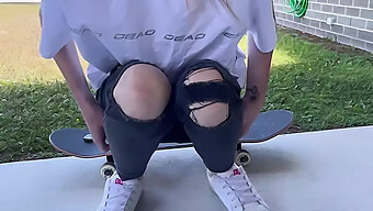 Inked Skater Babe Reaches Intense Orgasm In Public