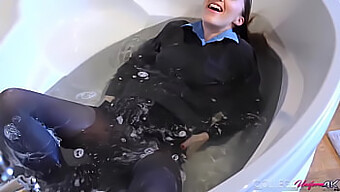 Sophia Smith Uk, A Sexy Brunette, Enjoys Her New College Uniform While Taking A Bath.